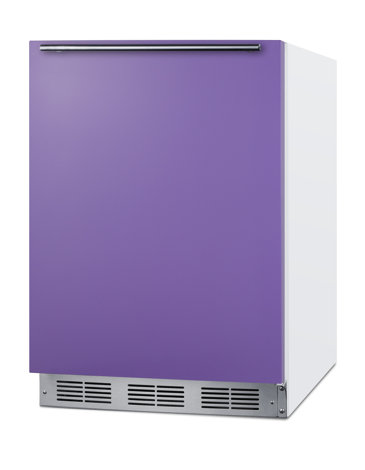 24 in. wide ADA height refrigerator-freezer for residential use with a lavender purple door, stainless steel handle, and white cabinet